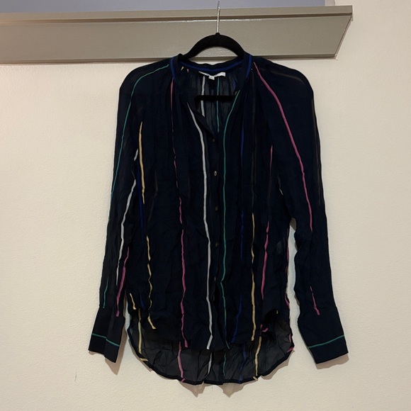 Derek Lam 10 Crosby Rainbow Stripe Semi-Sheer Mandarin Collar Blouse SZ 6 EUC - Picture 2 of 6
